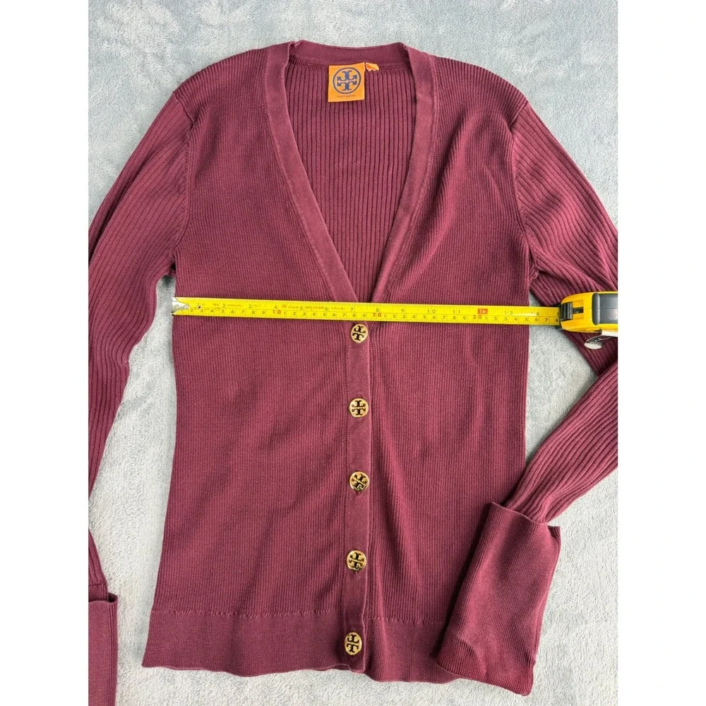 Tory Burch 100% Cotton V-Neck Fitted Cardigan Burgundy Gold Logo Buttons S